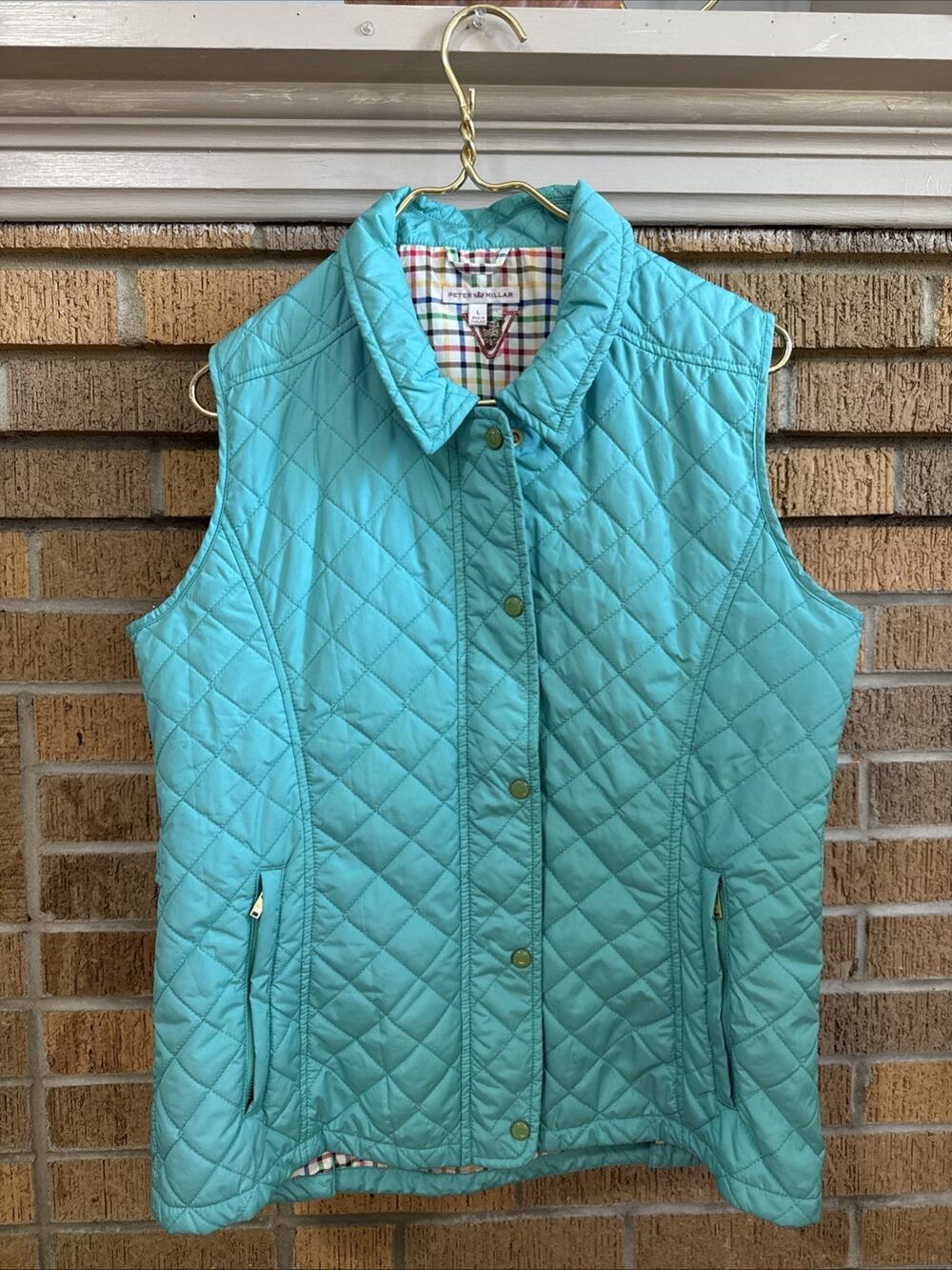 Peter Millar Diamond Quilted Vest Teal Women's L Plaid Lined Country Club Preppy